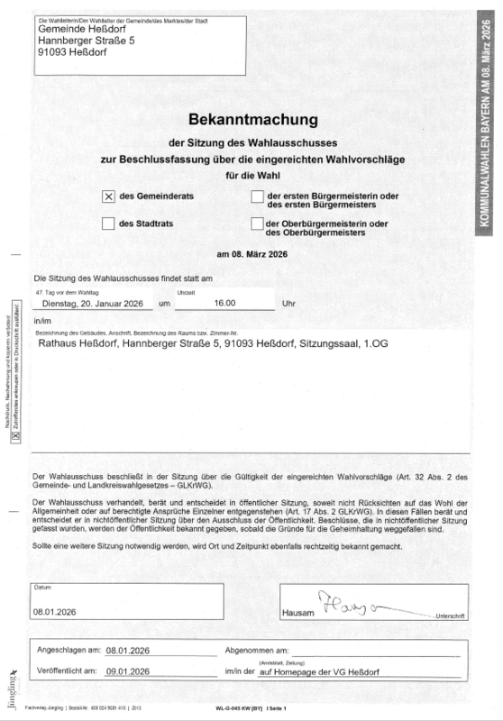 20260109 Bekanntmachung der Sitzung des Wahlausschusses zur Beschlussfassung über Wahlvorschläge Wahl Gemeinderat Heßdorf am 08.03.2026
