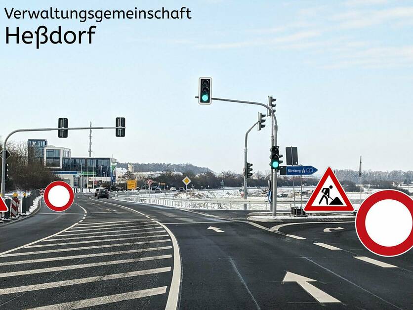Straßeneinengung und Sperrung der Zufahrt zur Autobahn A3 am 20.02.2024 in Heßdorf