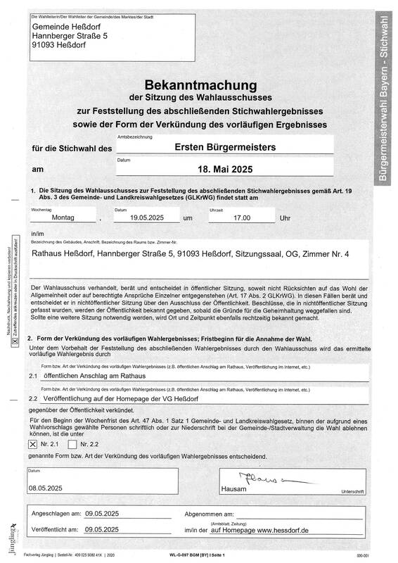 Bekanntmachung der Sitzung des Wahlausschusses zur Feststellung des Wahlergebnisses zur Bürgermeisterstichwahl Heßdorf am 18.05.2025